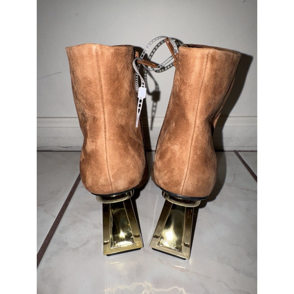NWOB Gianni Bini heeled boots 6 brown suede gold architectural heel pointy - Picture 5 of 8